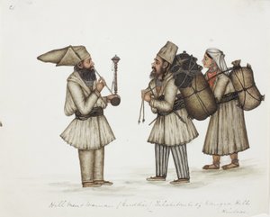 Hill Men and Woman (Guddies) Invånare i Kangra Hills Hindoes, ca 1840 (ogenomskinlig wc på papper) av Indian School