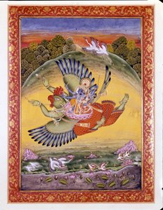 Hinduism: representation av fågeln Garuda som bär Vishnu (eller Vishnu), en stor hinduisk gudom, och hans fru Lakhmi av Indian School