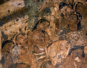INDIANSK KONST: Freskomålning i Buddhistgrottan nr 19, 200-talet f.Kr (freskomålning) av Indian School