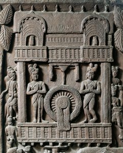 Indisk konst, hinduism: lågrelief som representerar kung Prasenjit II:s sista besök hos Gautama Buddha (Buddha). 2:a århundradet f.Kr. Kolkata, indiskt museum av Indian School
