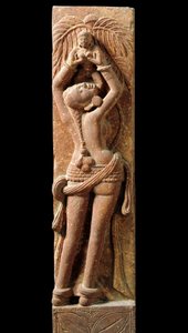 Indisk konst: reliefstrumpor som föreställer en mor och hennes barn. Period Kouchane (Kuchan eller Kushan) 1:a århundradet - New Delhi, nationalmuseum av Indian School
