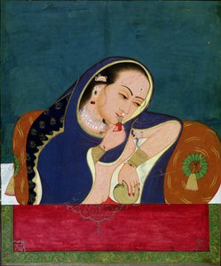 Intoxicated Lady at a Window, sent 1700-tal (ogenomskinlig wc & guld på papper) av Indian School