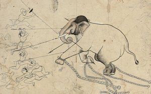 Isarda eller kotah förberedande teckning av tämjandet av en elefant, ca 1720 av Indian School