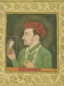 Jahangir håller i en bild av madonnan, med inskription på persiska: Janhangir Shah, mogul av Indian School