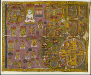 Jain pilgrimsfärd, gjord i Rajasthan, ca 1750 (ogenomskinlig wc & guld på tyg) av Indian School