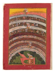 Resa genom okända länder, från Krishnas resor i hans vagn, ca 1750 (ogenomskinlig wc, guld & silver på papper) av Indian School