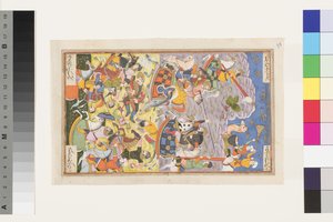 Khusrau II Parviz och Bahram Chobin: Det andra slaget, 1608 (ogenomskinlig wc & guld på papper) av Indian School