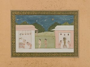 Krishna Stealing Curds, ca 1775 (ogenomskinlig wc & guld på papper) av Indian School
