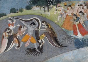 Krishna underkastar Kaliya, ormdemonen, ca 1785 av Indian School