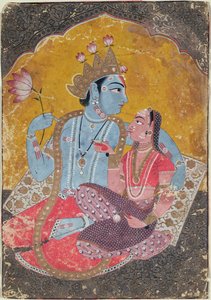 Krishna och Radha, ca 1690-1700 (ogenomskinlig wc med präglat guld på papper) av Indian School