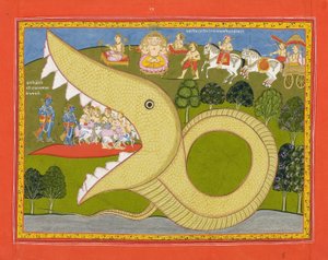 Krishna och koherdarna går in i Agasuras mun, ca 1800 (ogenomskinlig wc & guld på papper) av Indian School