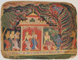 Krishna bortförd av virvelvindsdemonen, från en Bhagavata Purana. c.1520-30 (ogenomskinlig wc på papper) av Indian School