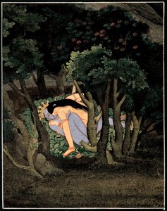 Krishna enlace par Radha (Krishna omfamnad av Radha) - Indisk konst, gouache på papper, omkring 1775 av Indian School