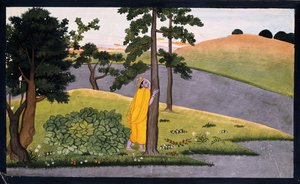 Krishna lutad mot ett träd i väntan på Radha, ca 1780 av Indian School