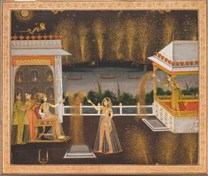 Damer firar Diwali, ca 1760 (opak akvarell  guld på papper) av Indian School