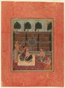 Damer på en terrass, Mughal Style, ca 1700-10 (wc på guldfläckat papper) av Indian School