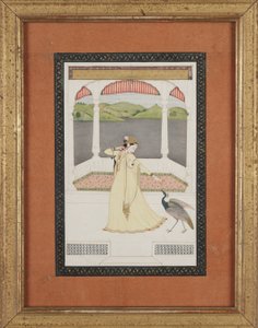 Dam som lockar en påfågel med en pärlsträng, ca 1800 (gouache och guld på papper) av Indian School