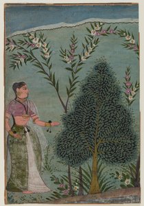 Damen i vildmarken, fragment av en sida från en Bhagavata Purana-serie, ca 1590-1600 (wc & guld på papper) av Indian School