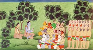 Lakshmana konsulterar cheferna för aparméerna, från Ramayana av Indian School