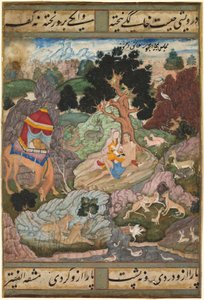 Layla och Majnun i vildmarken med djur, från en Khamsa (kvintett) av Amir Khusrau Dihlavi, ca. 1590–1600 (ogenomskinlig akvarell, bläck och guld på papper) av Indian School