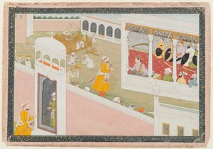 Leaf from a Dispersed Hamir Hath Series, 1800-1810 (ogenomskinlig wc & guld på papper) av Indian School