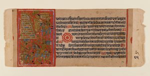 Blad från ett dispersed Jain-manuskript av Kalakacharya-katha, ca 1450-1475 (ogenomskinlig wc & guld på papper) av Indian School