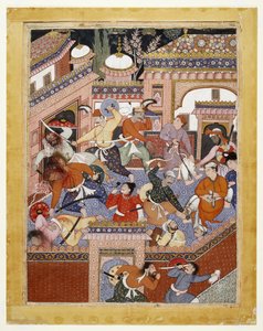 Ledda av Songhur Balkhi och Lulu spionen, skar ayyarerna strupen på fängelsevakterna och Free Said Farrukh-Nizhad, 1557 - 1572 (ogenomskinlig akvarell och guld på bomullstyg) av Indian School