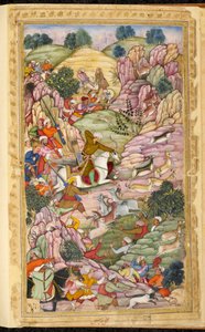 Kejsar Babur jagar, mellan Ali Shang och Alangar, i regionen Kabul (Afghanistan). Miniatyr från det persiska manuskriptet Vaqi at i Baburi, Memoirs of Mughal Emperor Babur (Zahir ud din Muhammad) (1483-1530), Indien, cirka 1590. The British Libra av Indian School