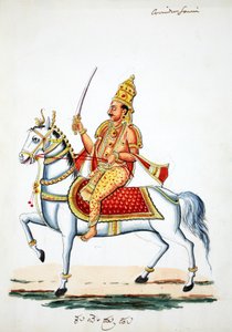 Lord Kalki på sin häst Devadatta med svärd i hand (wc på papper) av Indian School