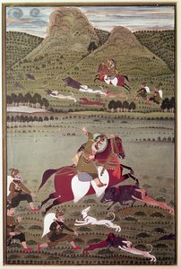 Maharana Jawan Singh (reg.1828-38) av Mewar jagar vildsvin i Udaipur. av Indian School