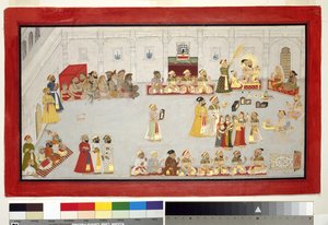 Maharana Sangram Singh with His Children and Courtiers, c.1715 (ogenomskinlig wc & guld på papper, monterad på en albumsida) av Indian School
