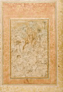 Majnun i vildmarken, ca 1595 (ogenomskinlig wc & guld på papper) av Indian School
