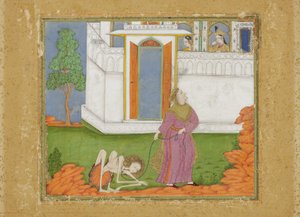 Majnun reduceras till ett abjekt tillstånd, c.1700 (ogenomskinlig wc & guld på papper) av Indian School