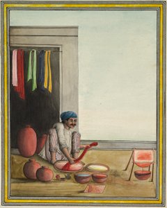 Man som färgar tyg, tidigt 1830-tal (bläck och färg på papper) av Indian School