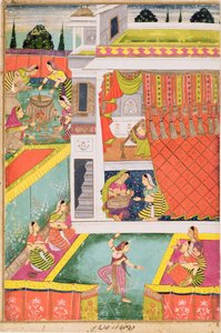 Miniatyrmålning som firar ett barns födelse, möjligen Aurangabad, Deccan (ogenomskinliga mineralfärger på buff papper) av Indian School