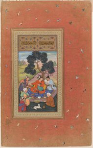 Mongolisk hövding med följeslagare, folio från Gulshan-albumet (Rose Garden-albumet), ca 1600 (opak akvarell, bläck och guld på papper) av Indian School