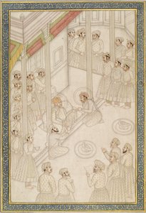 Mogulkejsaren Akbar håller hov under sin sista sjukdom, mitten av 1700-talet (albumblad; pigment med guld på polerat papper) av Indian School