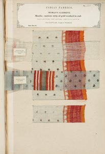 Muslinprov från Ganham, köpt i Madras, från The Collection of the Textile Manufacturers of India, av John Forbes Watson, publicerad 1866 av Indian School