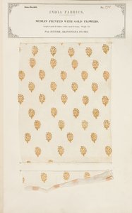 Muslinprov tryckt med guldblommor från Jeypore i Rajpootana-staterna, från The Collection of the Textile Manufacturers of India, av John Forbes Watson, publicerad 1866 av Indian School