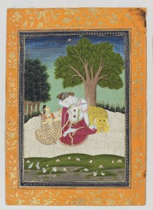 Parvati erbjuder en kopp till Shiva, ca 1800 (ogenomskinlig wc & guld på papper) av Indian School