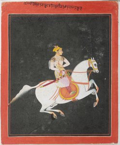 Porträtt av Kunwar Baharat Singh till häst, av Utkalrama, inskrivet på toppen och baksidan i Devanagari, Bundi, Rajasthan, Rajput School av Indian School