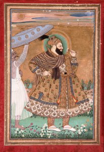 Porträtt av Sultan Abul Hasan av Golconda, stående, ca 1675 (ogenomskinlig wc & guld på papper) av Indian School