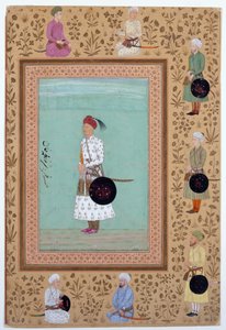 Porträtt av hovmannen Khosrow, son till Nasr Muhammad Khan, ca 1650-60 (bläck, akvarell  guld på papper) av Indian School