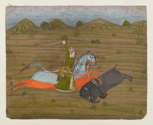 Prince Hunting Wild Boar (miniatyrmålning), 1765 (opak wc & guld på papper) av Indian School
