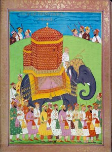 Prinsessan Palanquin på en elefant vid Shah Alems hov Indiska och persiska miniatyrer i "" History of India from Tamertante to Orangreyb"" av Niccolo Manucci (1638-1717). B.N., Paris. av Indian School