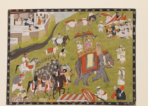 Procession av en Raja på elefant med beväpnad eskort och hållare, andra hälften av 1800-talet (gouache på papper) av Indian School