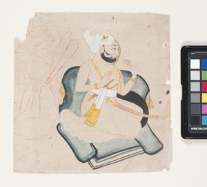 Profil av knästående prins med två skötare (penselfärg och akvarell på papper) av Indian School