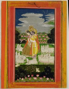 Radha och Krishna omfamnar i ett idealiserat landskap med kor, ca 1780 (ogenomskinlig wc på papper) av Indian School
