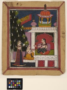 ? Raga: En knästående man erbjuder en bok till en dam i en paviljong, ca 1800 (ogenomskinlig akvarell på papper) av Indian School