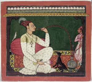 Raja Medini Pal, Inspirerad på floderna i Takri Characters Bilauria Medini Pal, Basohli, Himachal Pradesh, Pahari School, 1735 av Indian School